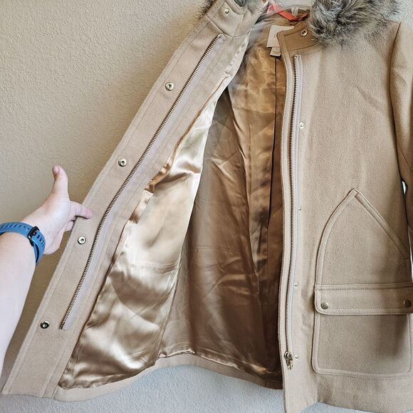 J CREW Vail Parka Pea Coat Jacket Tan Wool Faux Fur-lined Hood Zipper Size 2 - Picture 3 of 8